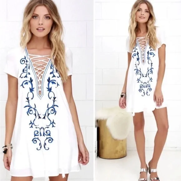 Lulus Small Embroidered Lace Up Shift Dress Vacation Beach Down In Kokomo - Picture 2 of 13